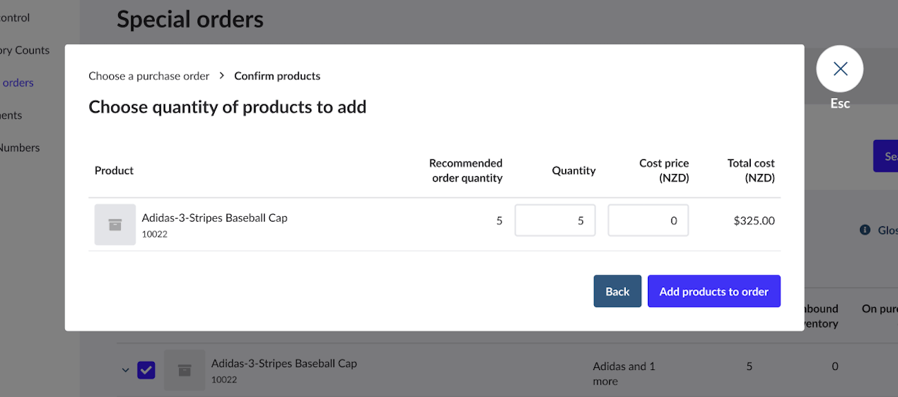 Choose quantity of products to add pop-up with Add products to order button.
