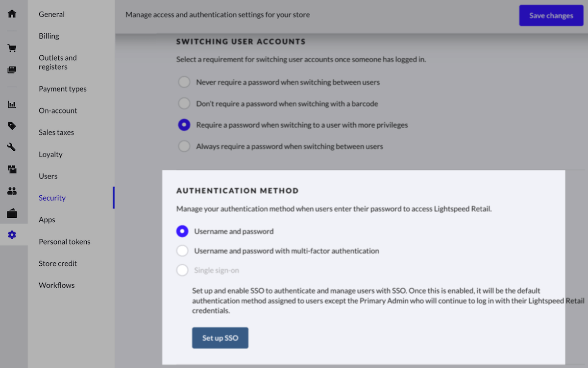 Knop Eenmalige aanmelding configureren op de pagina Beveiliging.