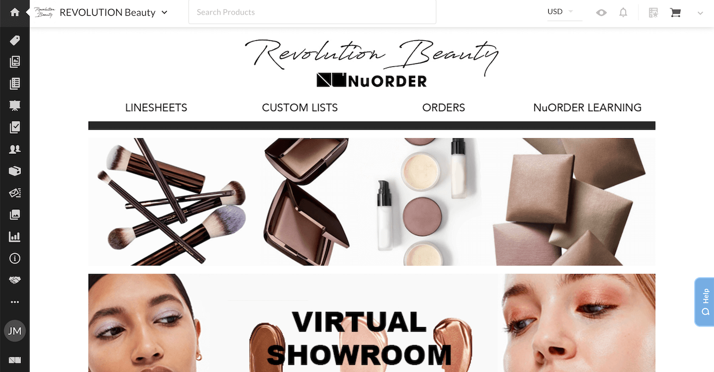 Page d’une marque dans NuOrder montrant la marque Revolution Beauty.