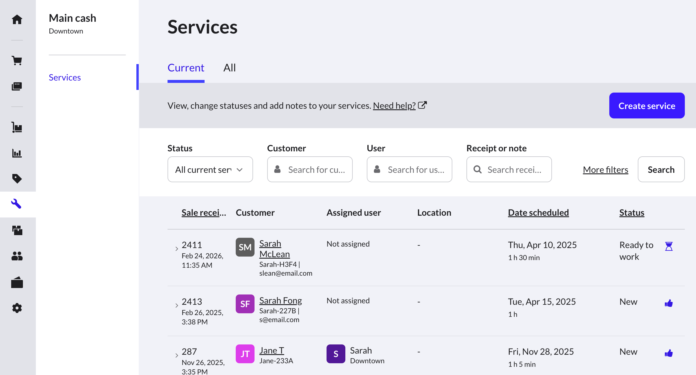 Page Services affichant l'onglet En cours.