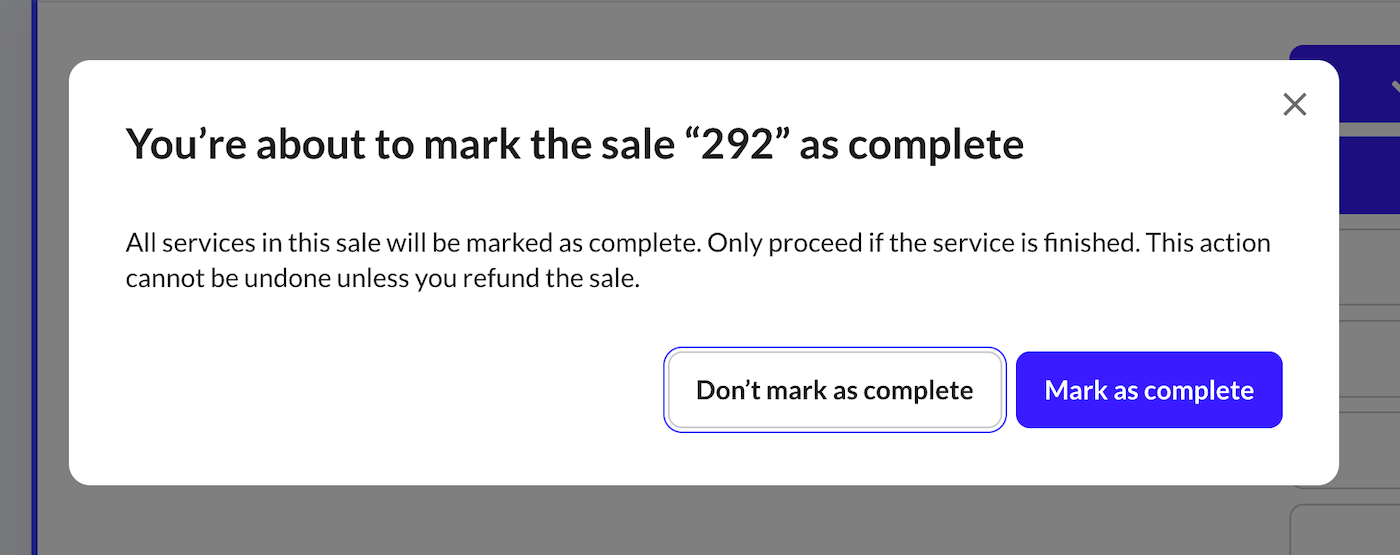Mark the sale as complete warning on the Sales history page.