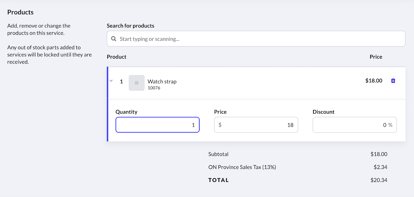 Add products on the Create service page.