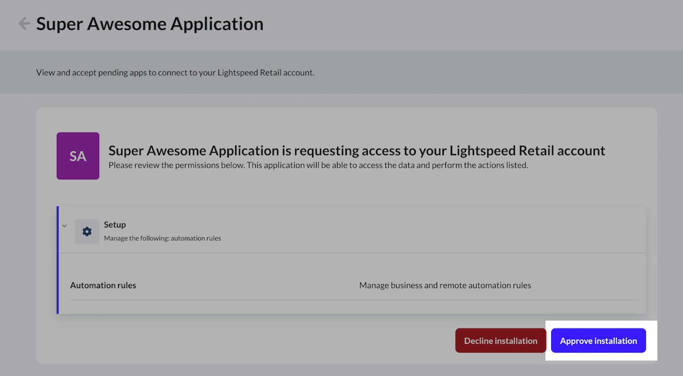 Une demande d'application mettant en évidence le bouton d'approbation d'installation.
