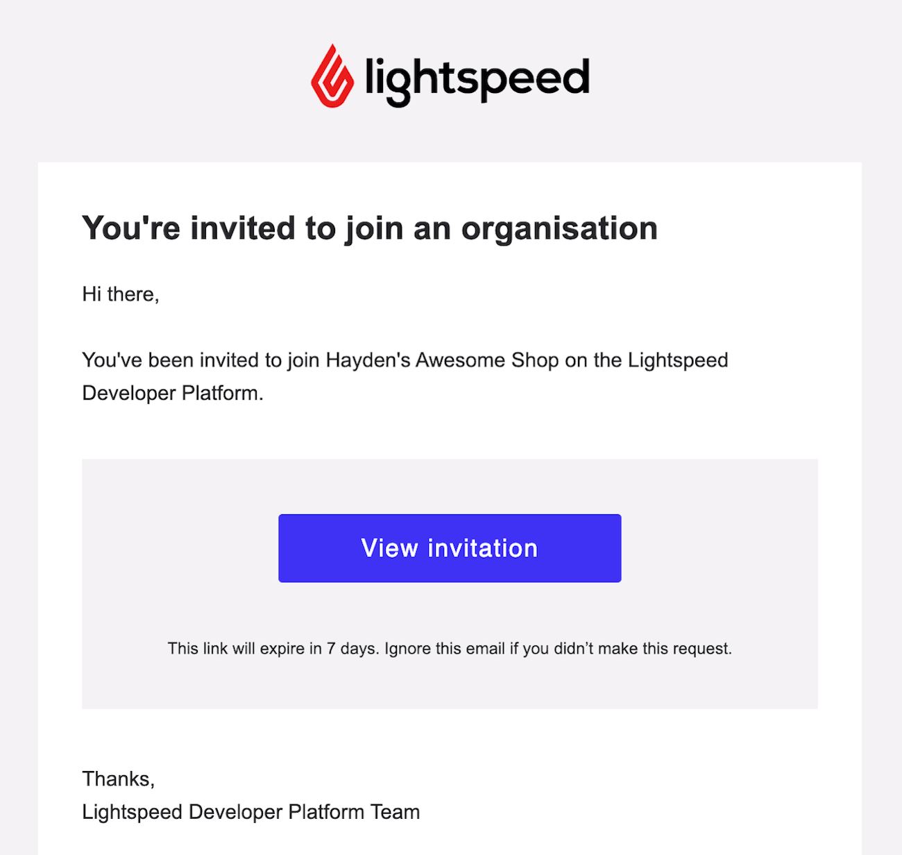 Een uitnodigingsmail voor een organisatie.