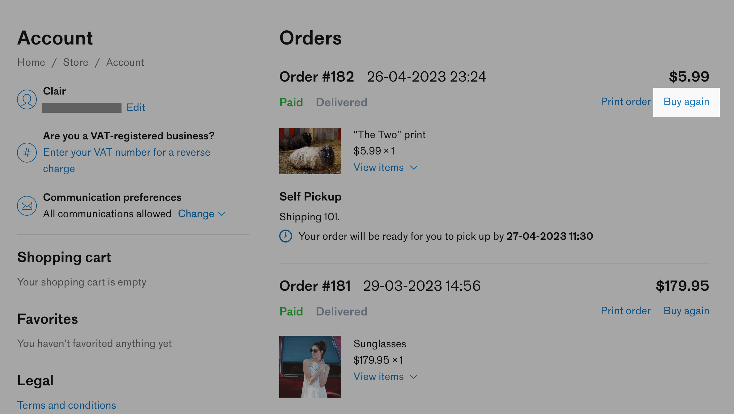 Repeat order in an account