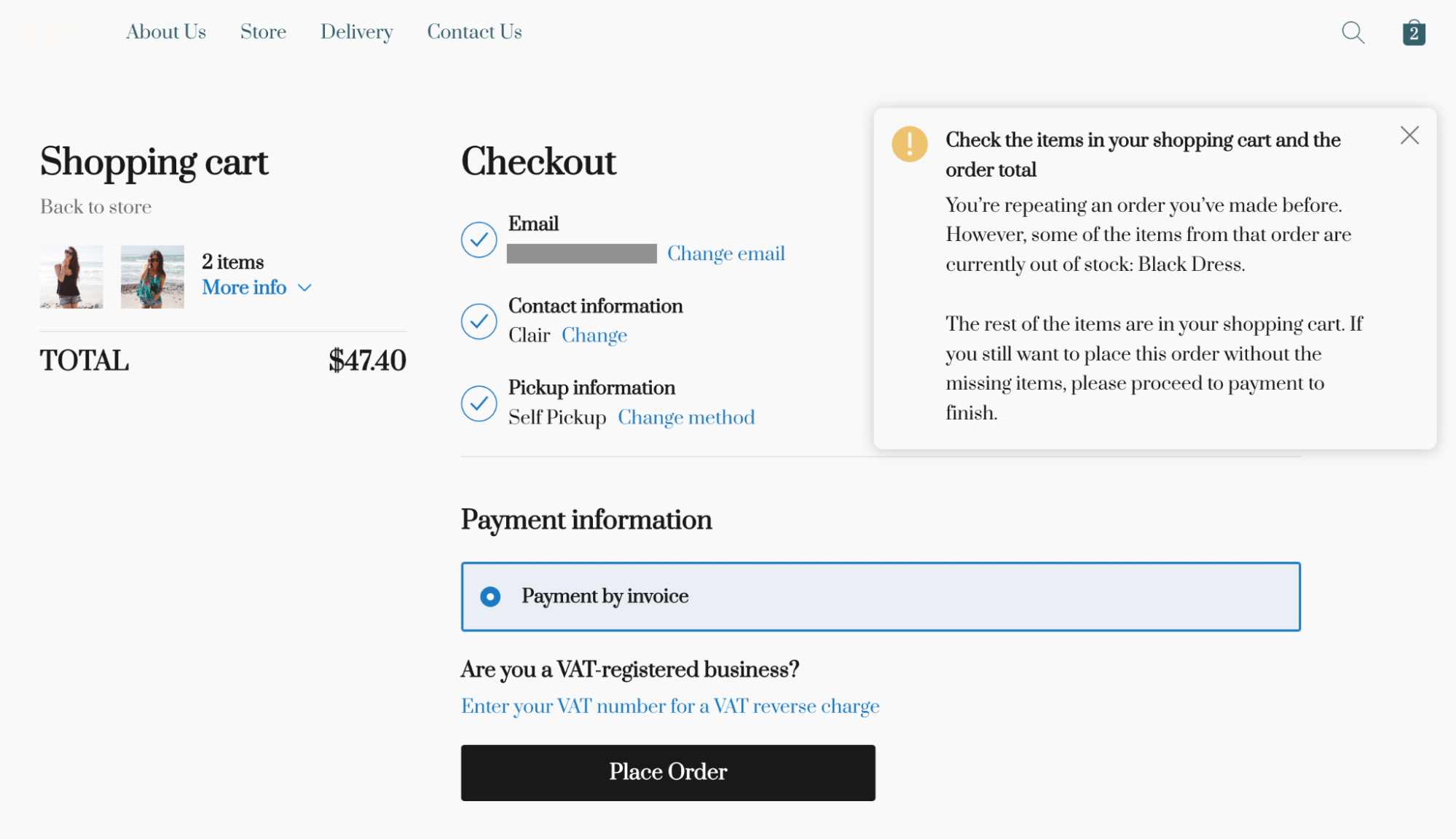 Notice to check items in the shopping cart