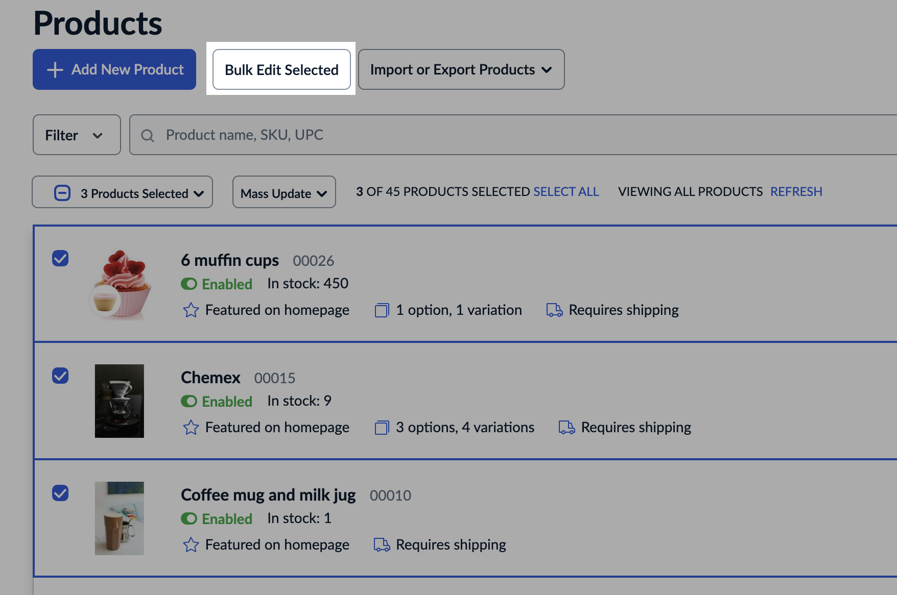 The Bulk Edit Selected option on the catalog page