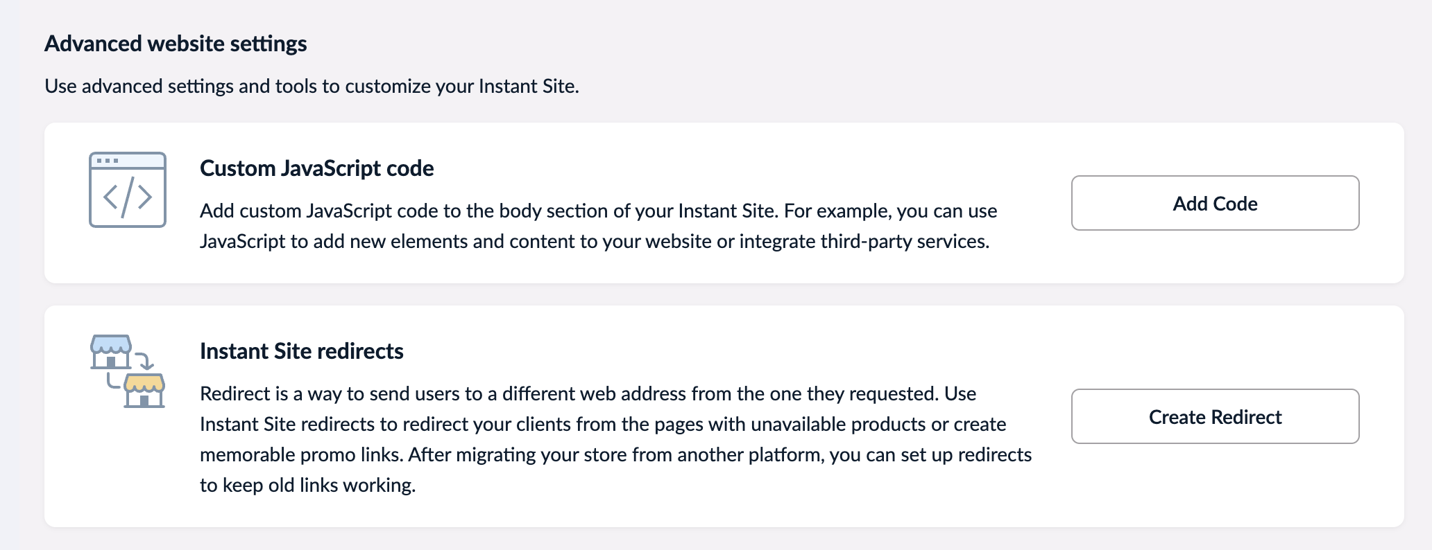 The Instant Site redirects tab