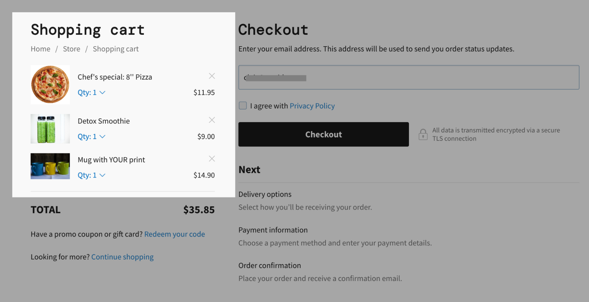 Example of product order in the cart