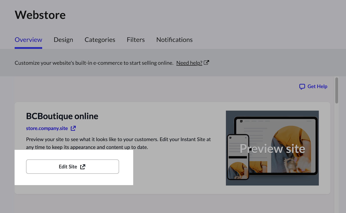 Webstore page with Edit site button.