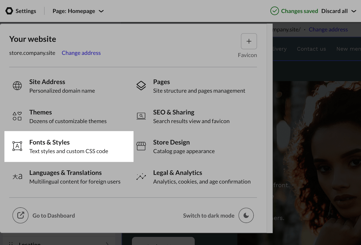 Settings dropdown with Font and Styles option highlighted.
