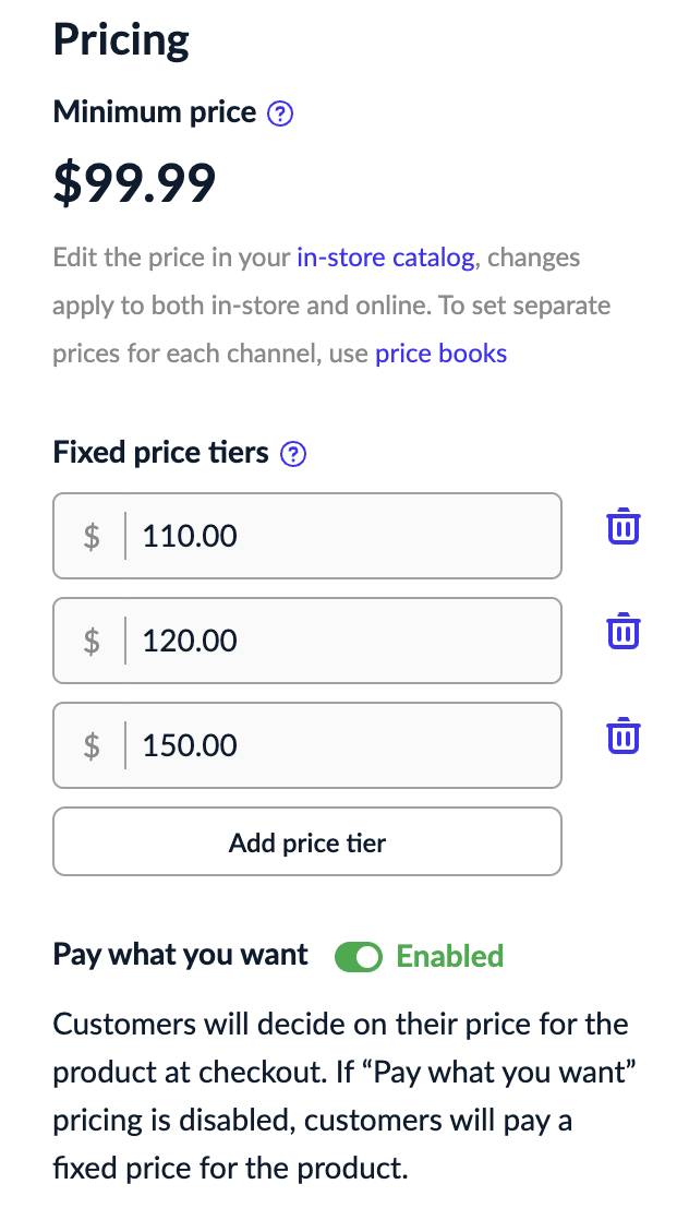Price tiers for products with Pay what you want pricing