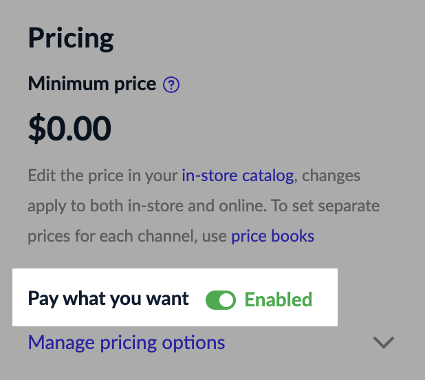 Enabled Pay what you want pricing toggle
