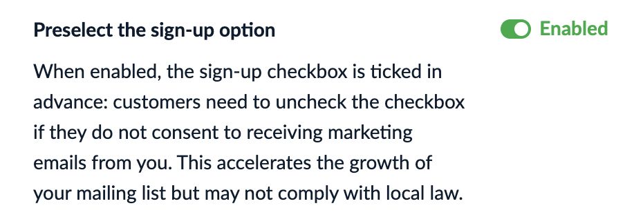 The enabled preselect the sign-up option toggle