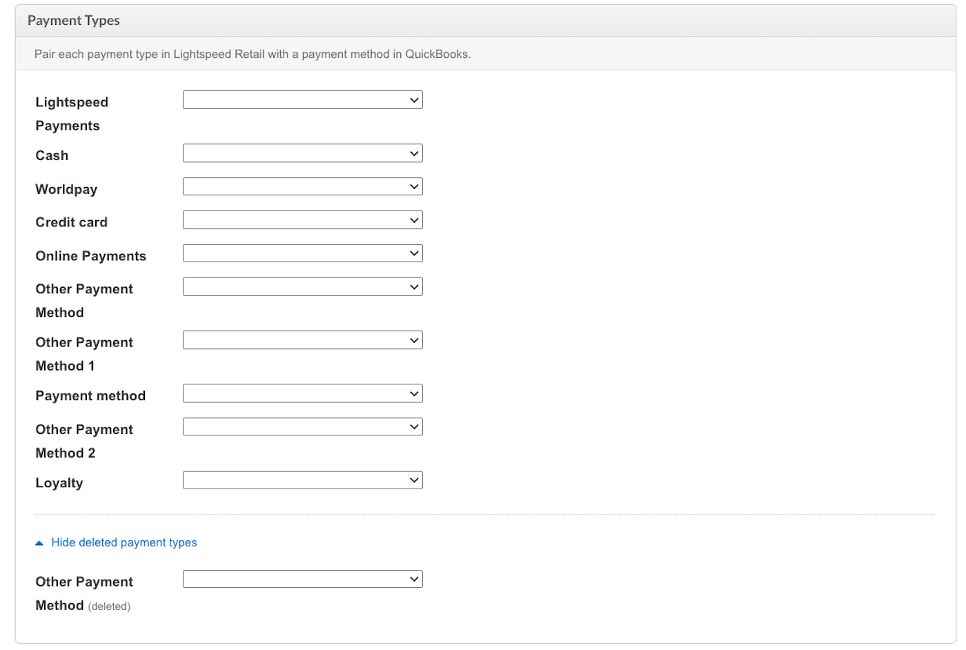 Gedeelte Betaalmethoden voor QuickBooks.
