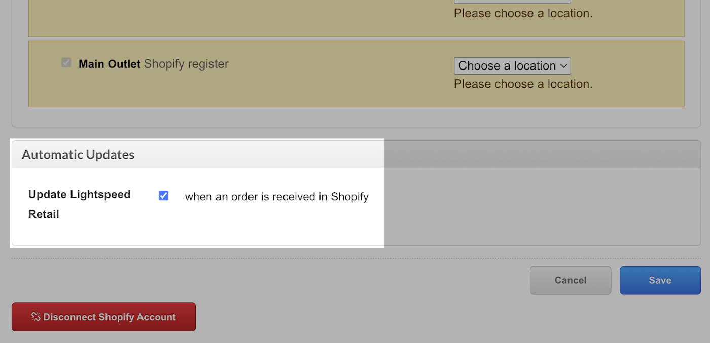 De instellingen voor automatische updates voor de Shopify-integratie.