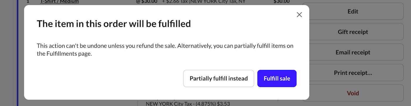 Pop-up message confirming fulfillment of sale.