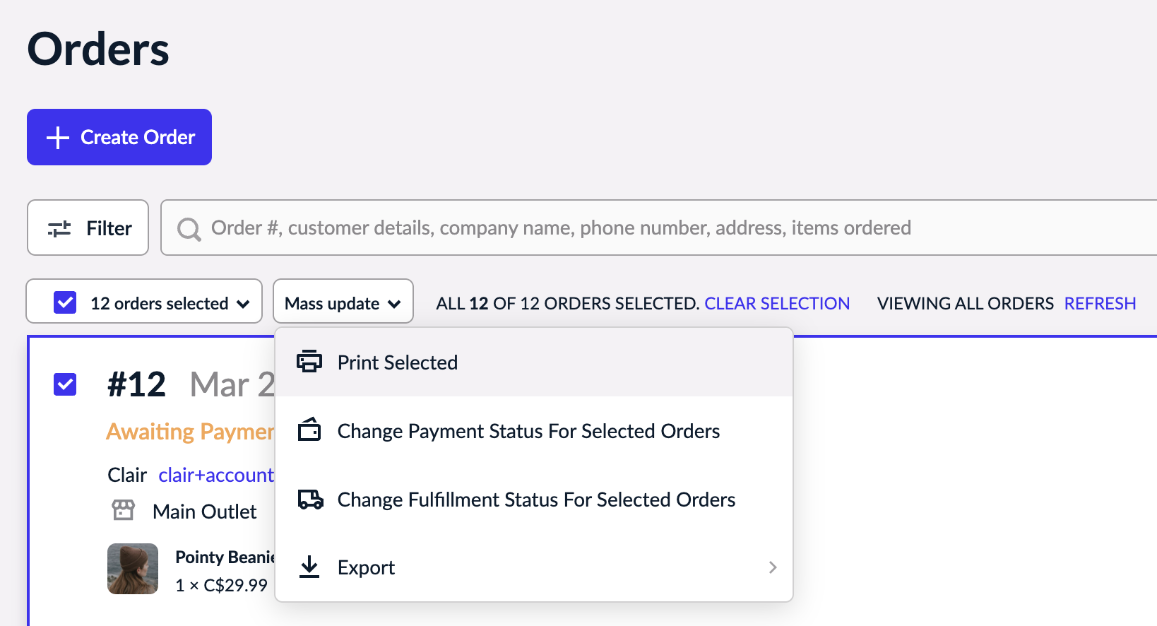 Printing selected orders in the eCom admin panel