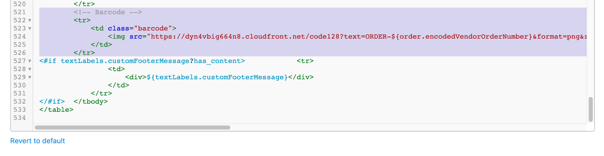 The order barcode code fragment in HTML