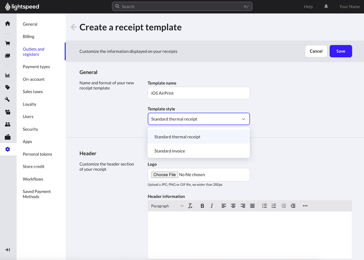 Page 'Créer un modèle de reçu' affichant le champ 'Nom du modèle' et les options du menu déroulant 'Style du modèle'.