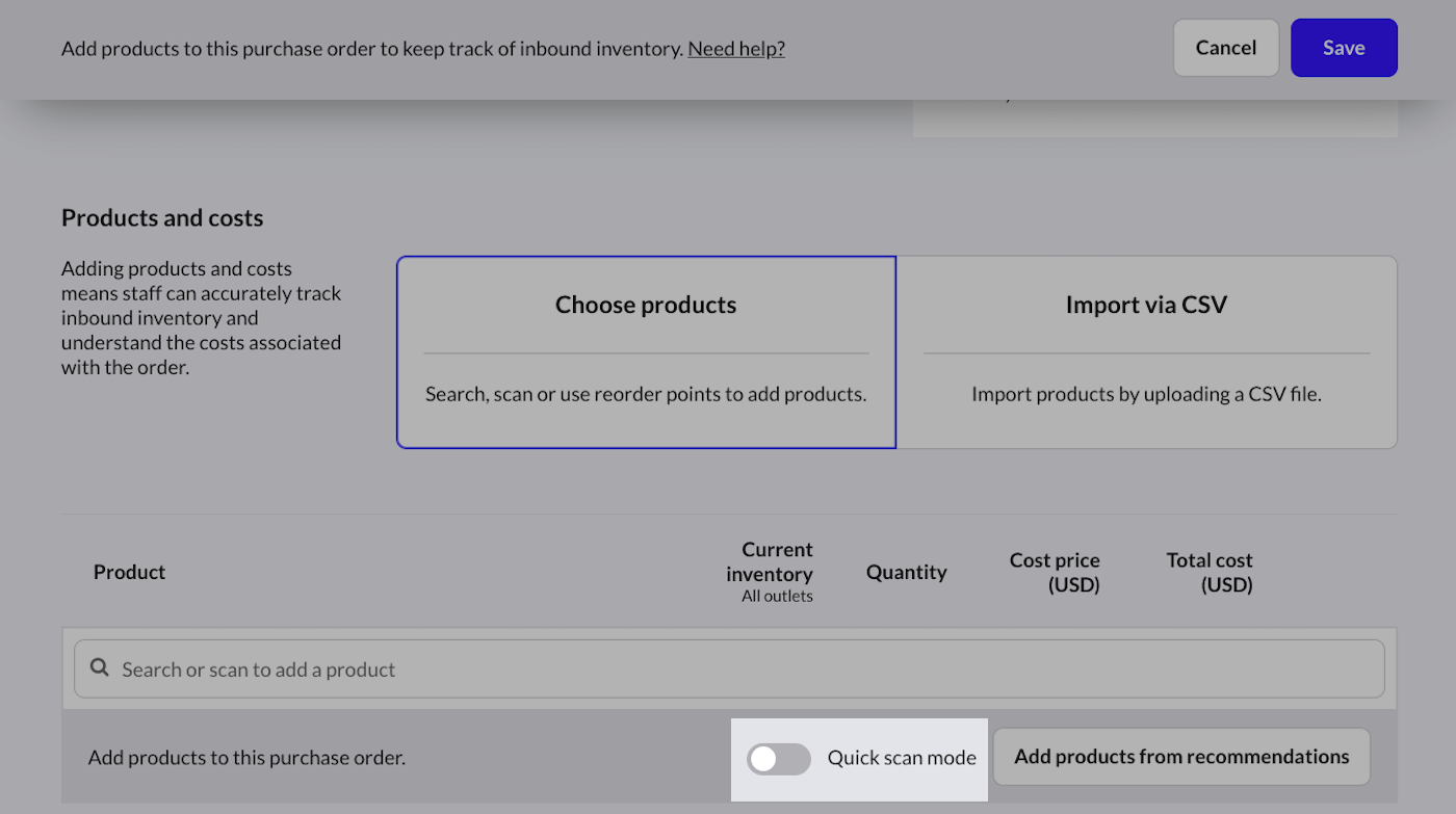 Products and costs section with Quick scan mode toggle emphasized.