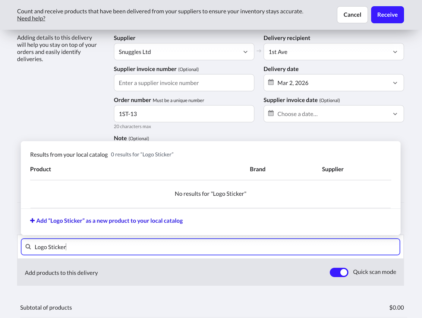 Product name entered with no matches and option to + Add as a new product to your local catalog.