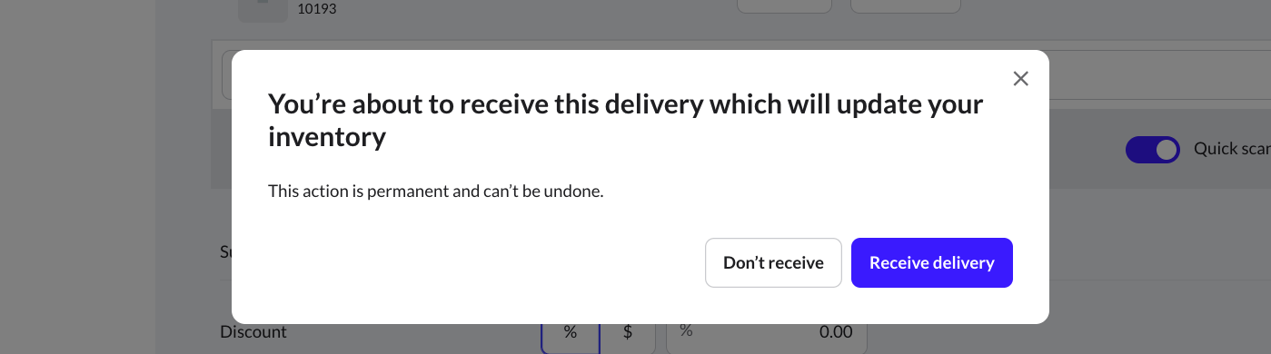 Pop-up confirming receipt of delivery.