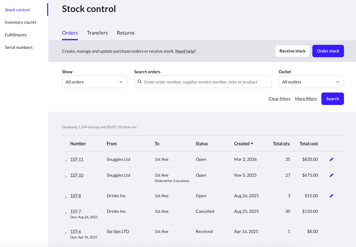 Stock control page.