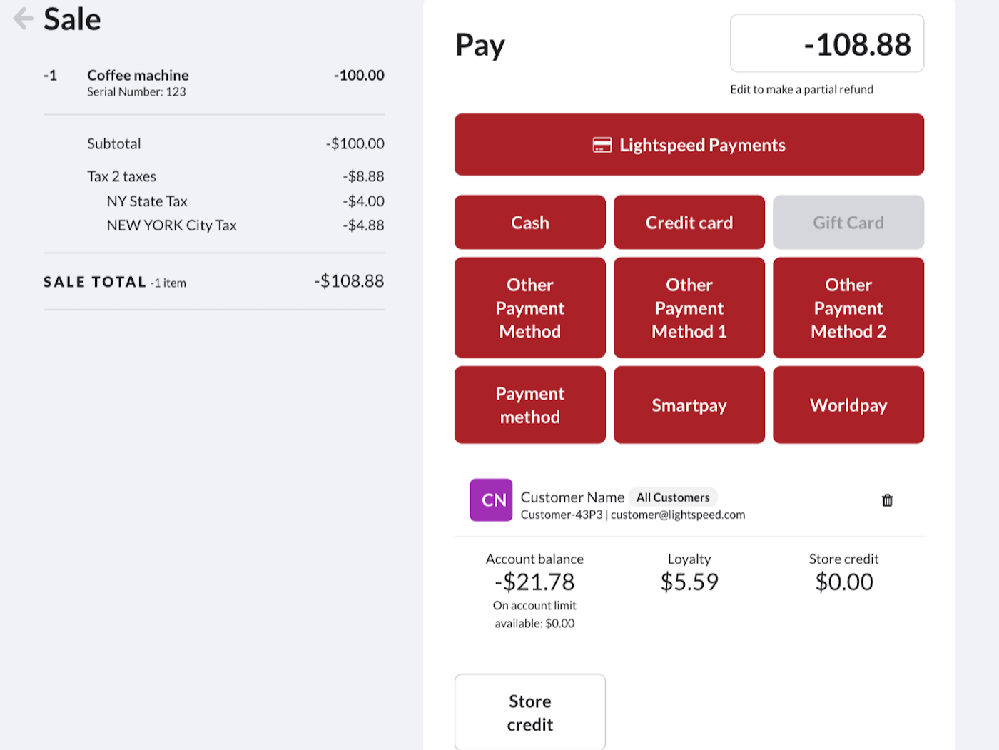 Écran de paiement affichant les options de type de paiement de remboursement.