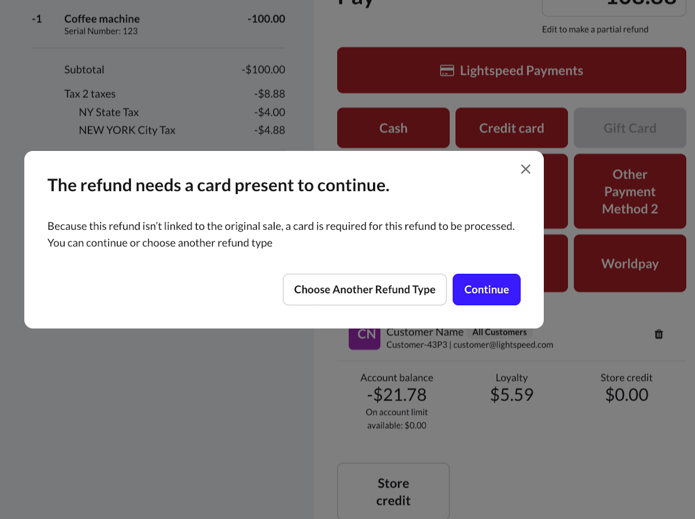 Fenêtre contextuelle indiquant que le remboursement nécessite une carte pour être traité, avec les options 'Choisir un autre type de remboursement' ou 'Continuer'.