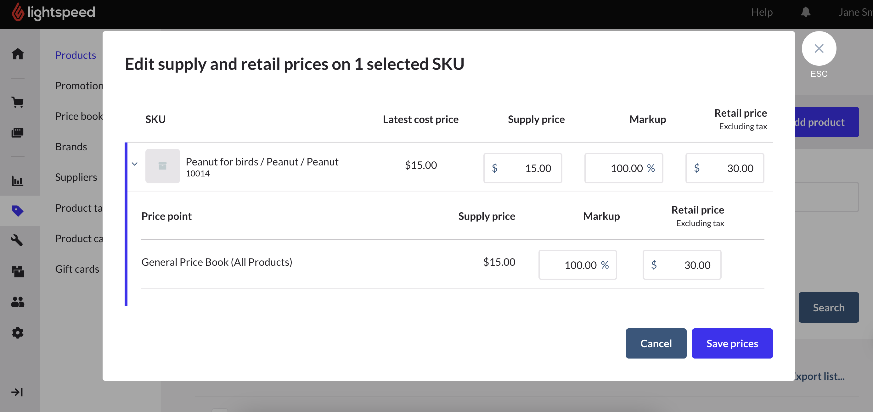 Edit supply and retail prices dialog box.
