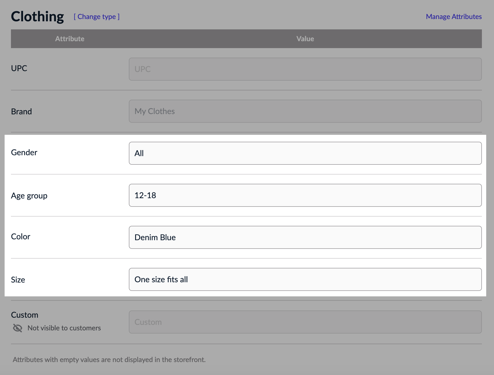Attribute values entered in the eCom admin