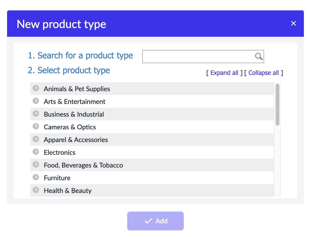 A list of product types in the eCom admin panel