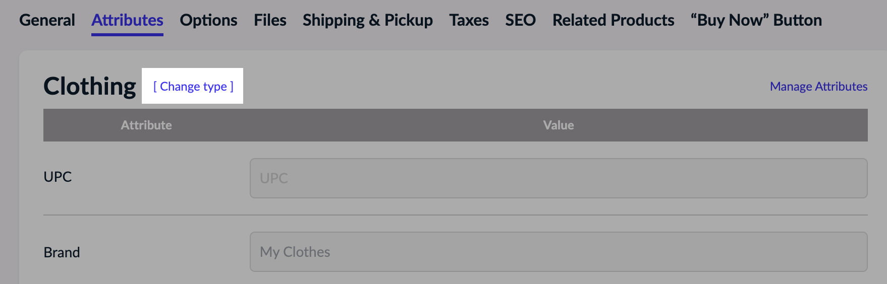 The Change type link on a product page