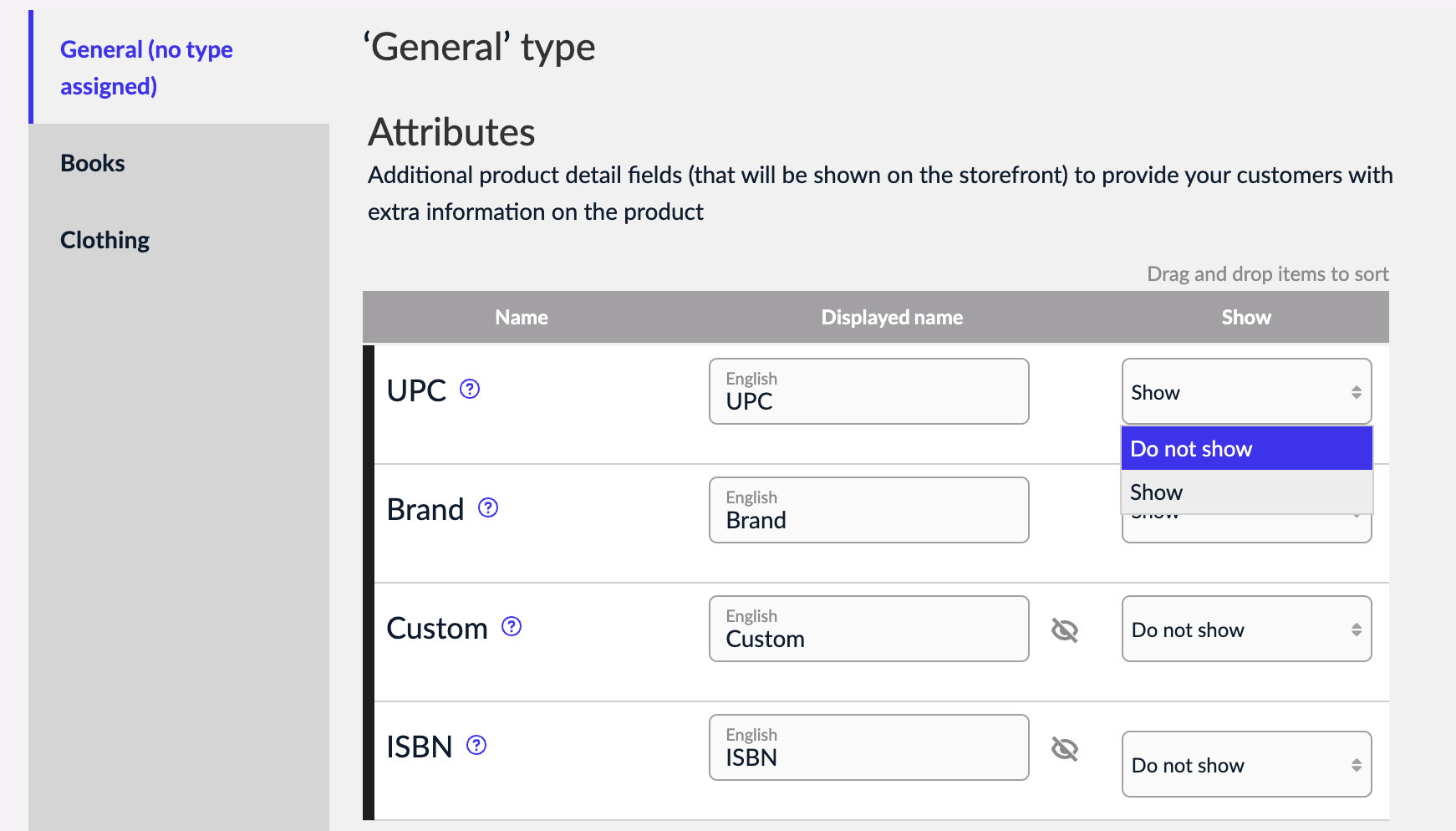 Visibility dropdown for a product type
