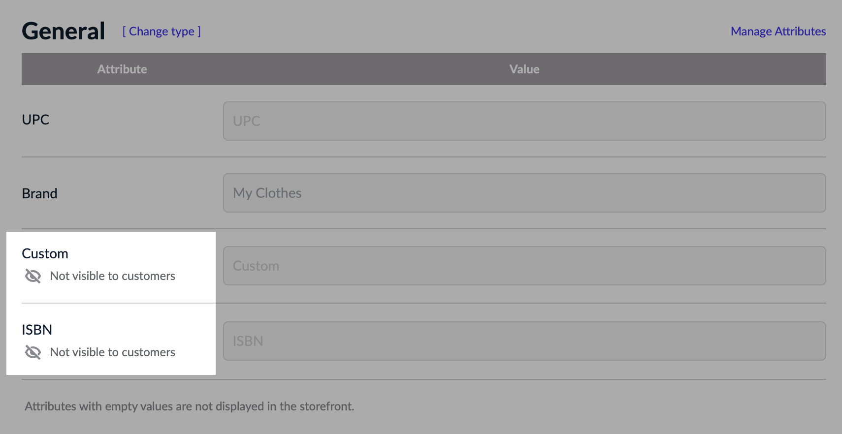 Attributes marked as not visible to customers