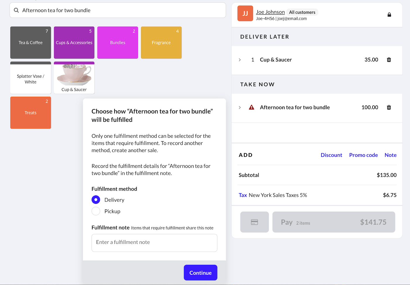 Select Fulfillment method and add a note option.