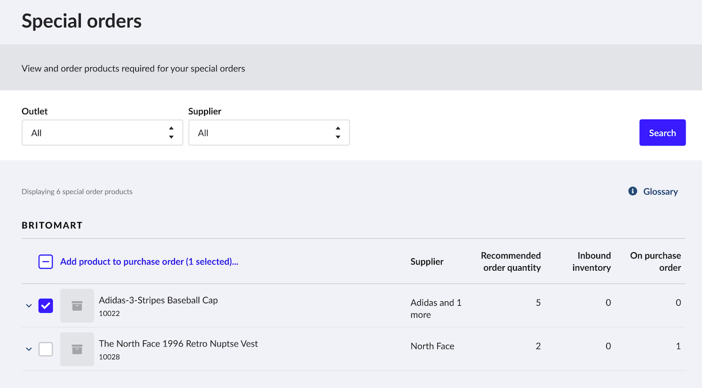 Add products to order using checkboxes.