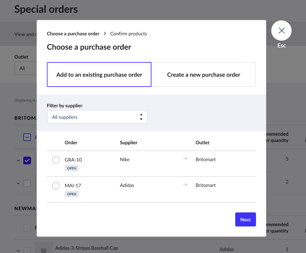 Option to Add to an existing purchase order or Create a new purchase order