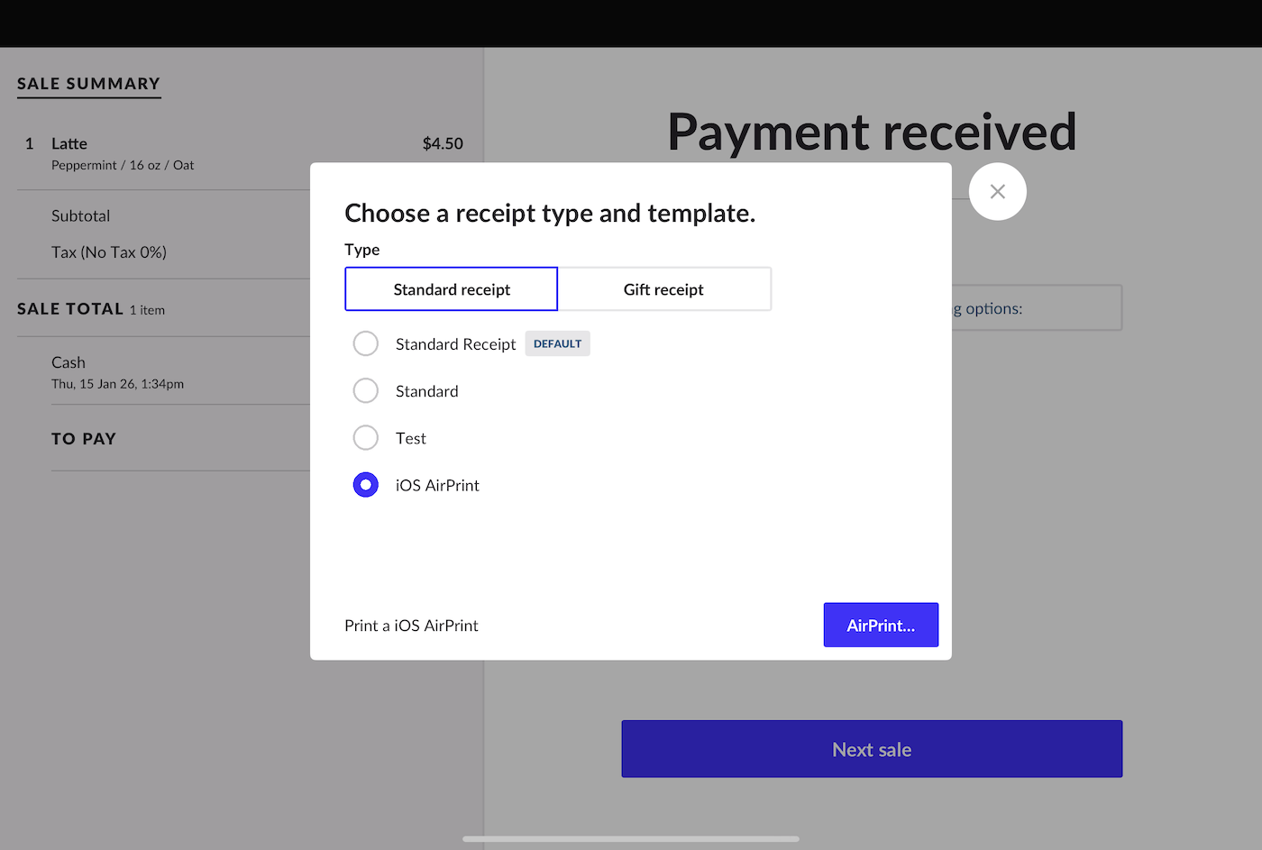 iPad-scherm waarin opties voor printen te zien zijn en waarin iOS AirPrint is geselecteerd.