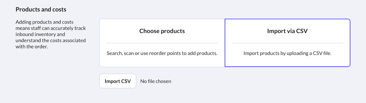 L’option Importer depuis un fichier CSV est sélectionnée.