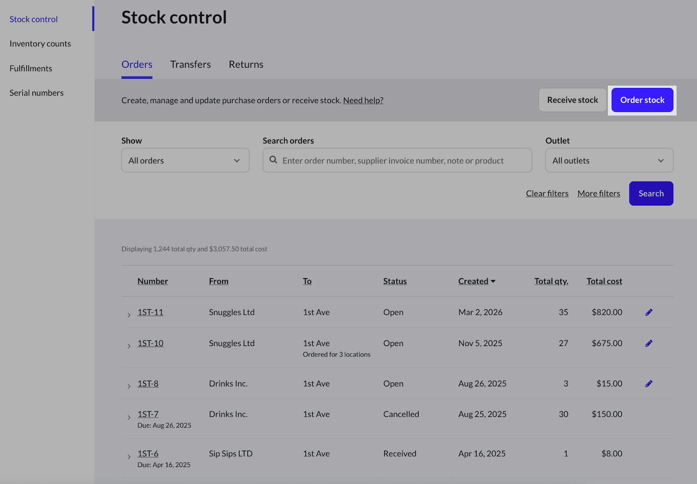 Page Gestion des stocks avec le bouton Commander des stocks mis en évidence.