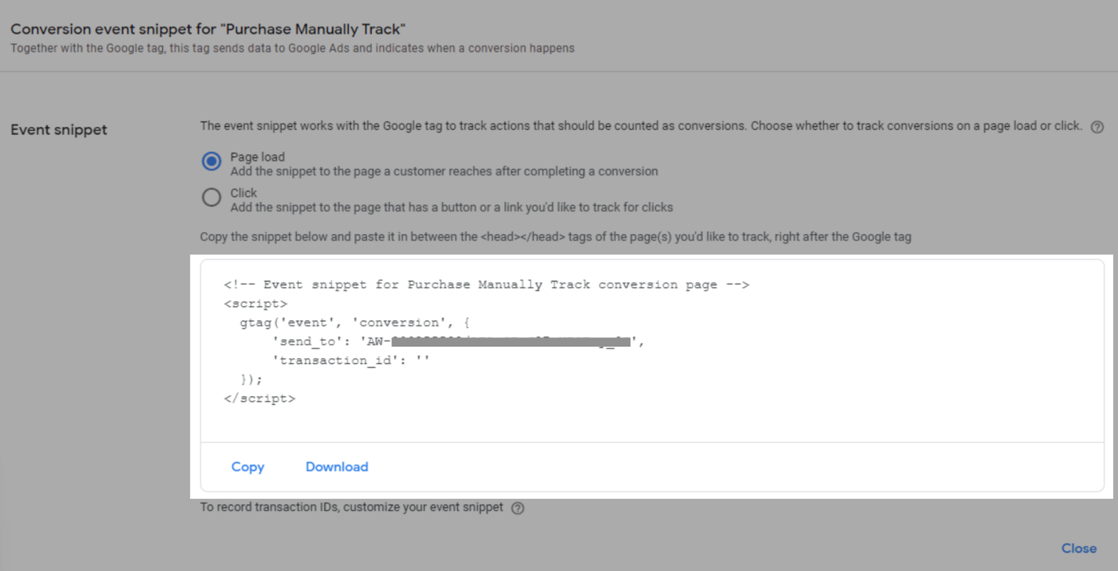 Google Ads event snippet code