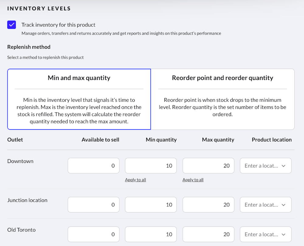 Min and max replenishment method on the edit product page.