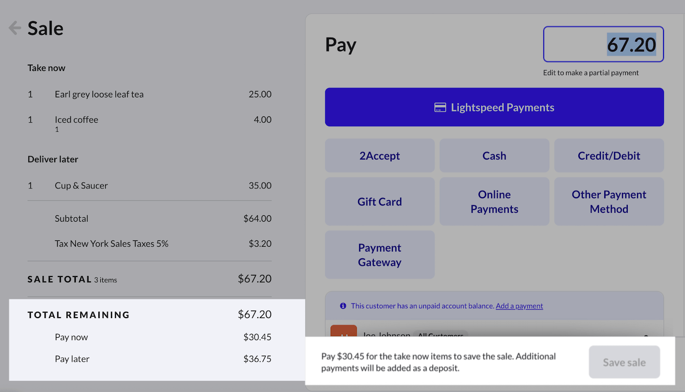 Payment screen with Take now and Pay later totals highlighted.