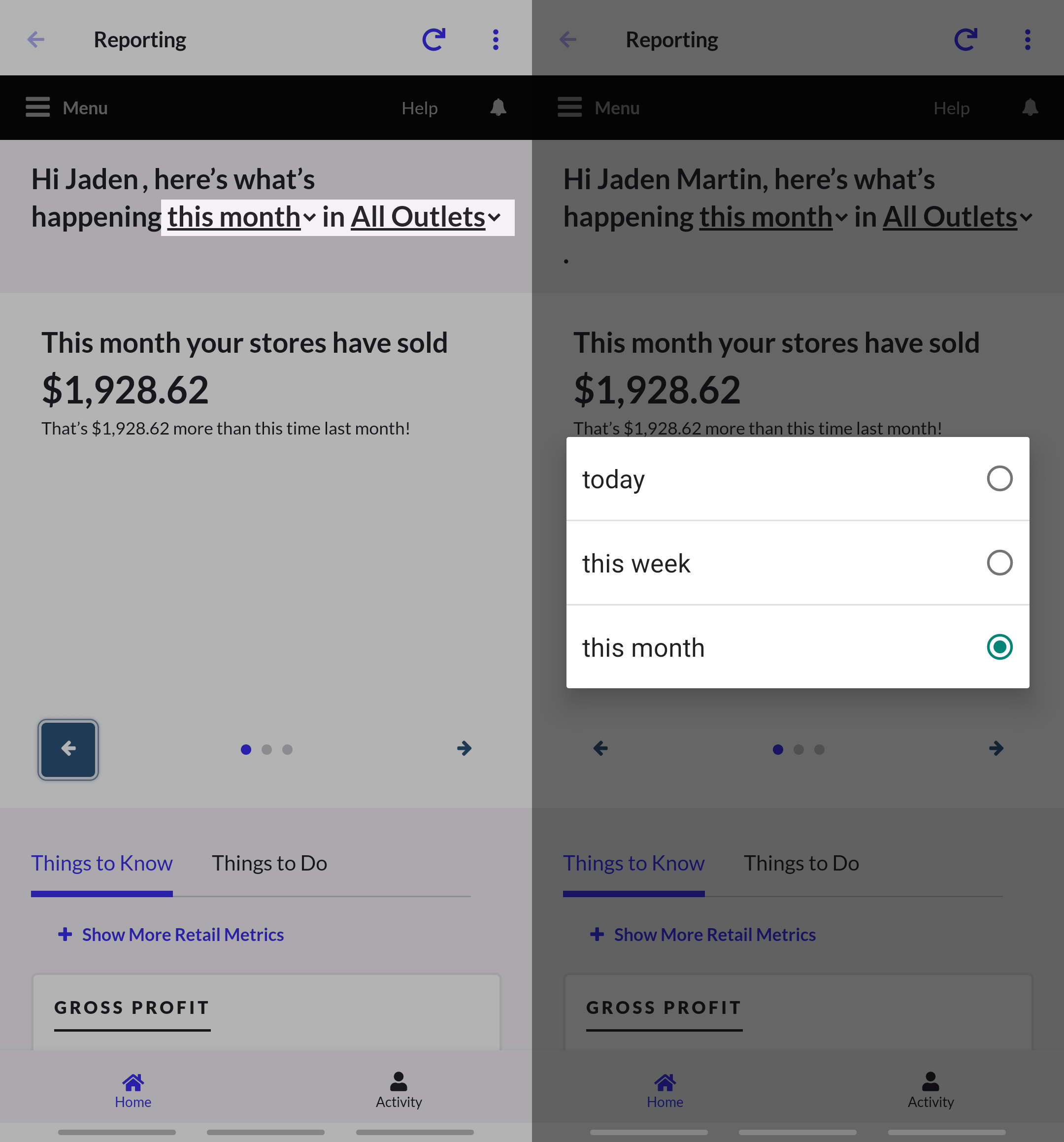 Het dashboard op de homepagina van Reporter, met filters voor periode en vestiging.