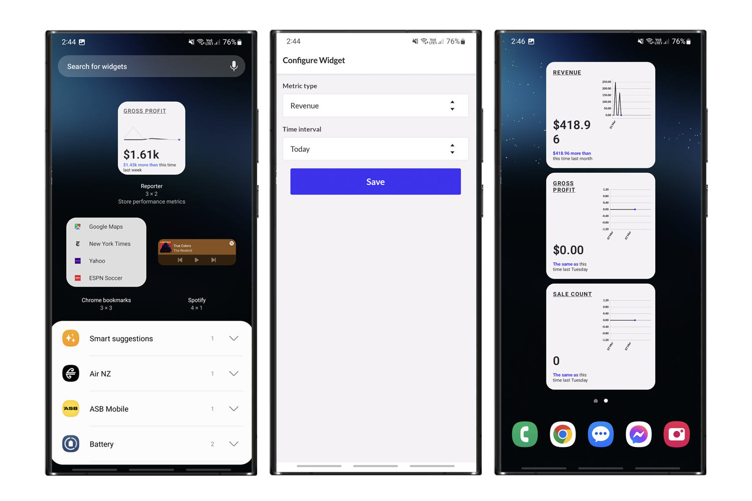 Widgets Rapports sur un appareil Android.