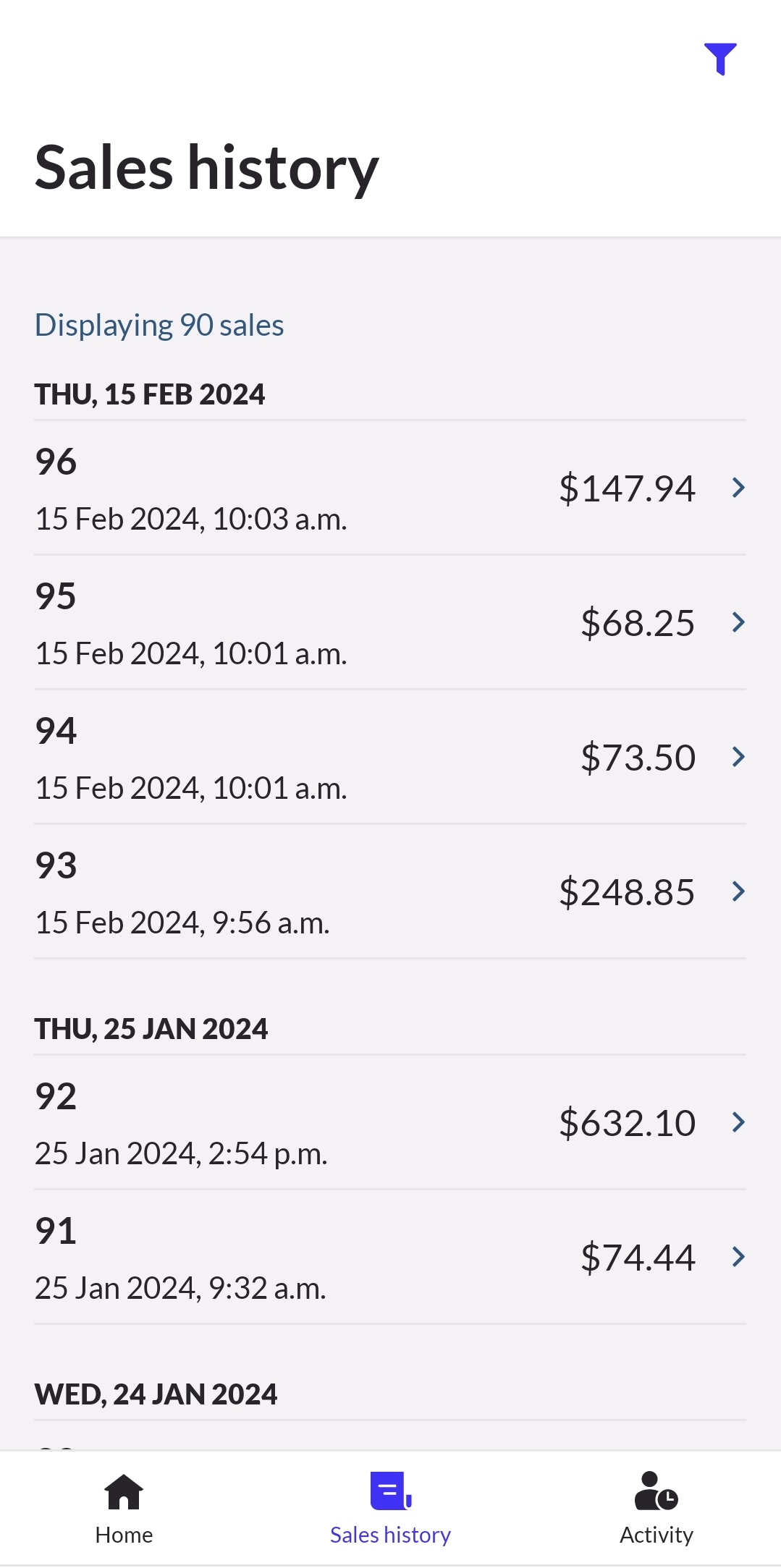 Historique des ventes sur un appareil Android.