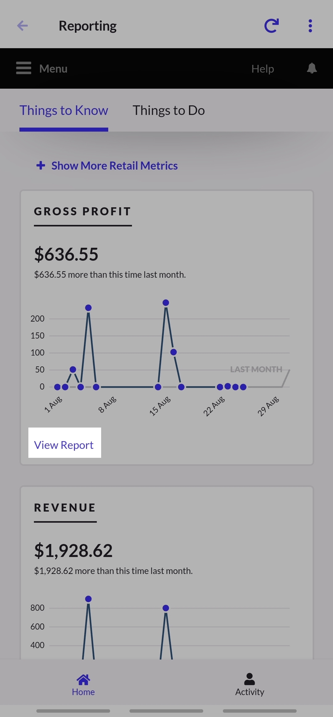 Het dashboard op de homepagina met Rapport bekijken gemarkeerd.