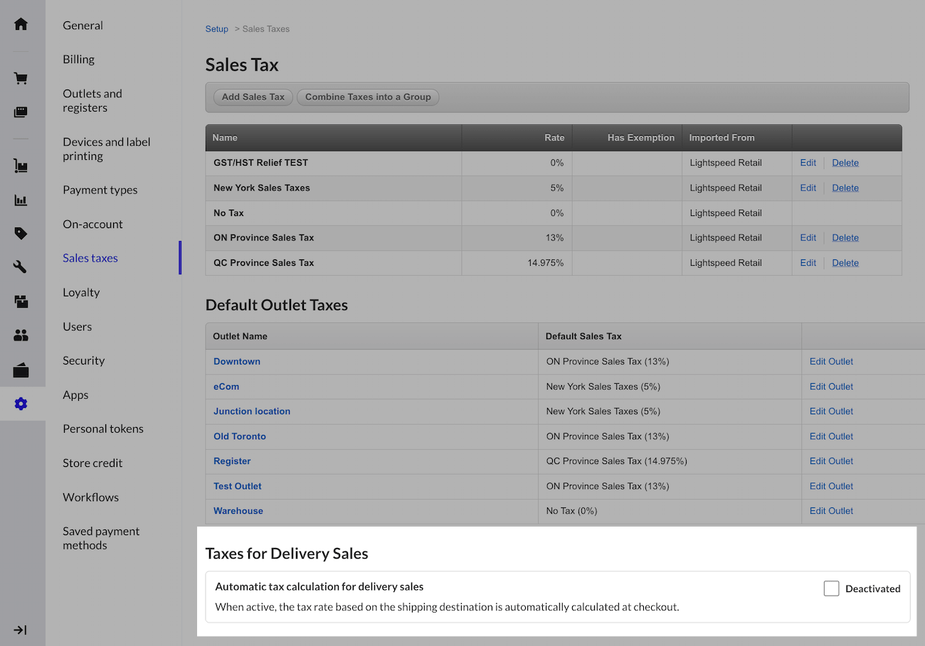 The Taxes for Delivery Sales section and Automatic tax calculation for delivery sales Deactivated checkbox highlighted.